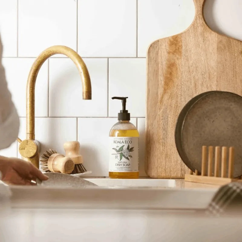 eco friendly dishwashing liquid soap in a bottle pump placed on lavatory.