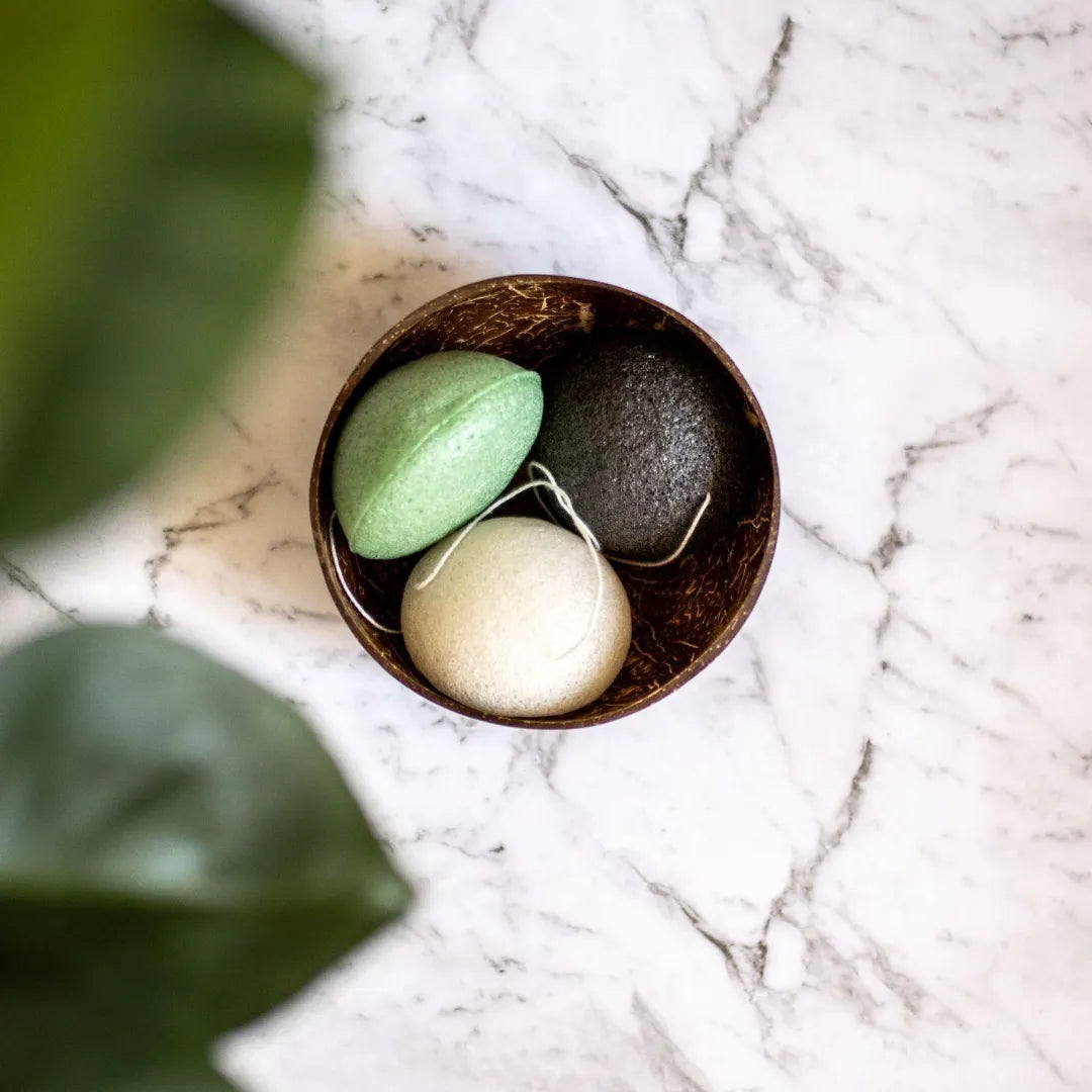 konjac sponges trio are in a coconut nutshell | us and the earth