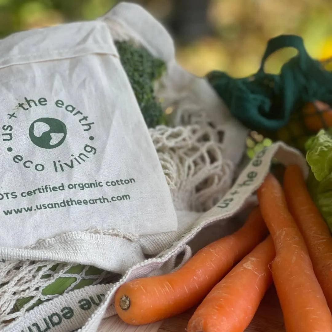 A Reusable Shopping Net Bag with a convenient pocket, filled with fresh vegetables, promoting eco-friendly grocery shopping.