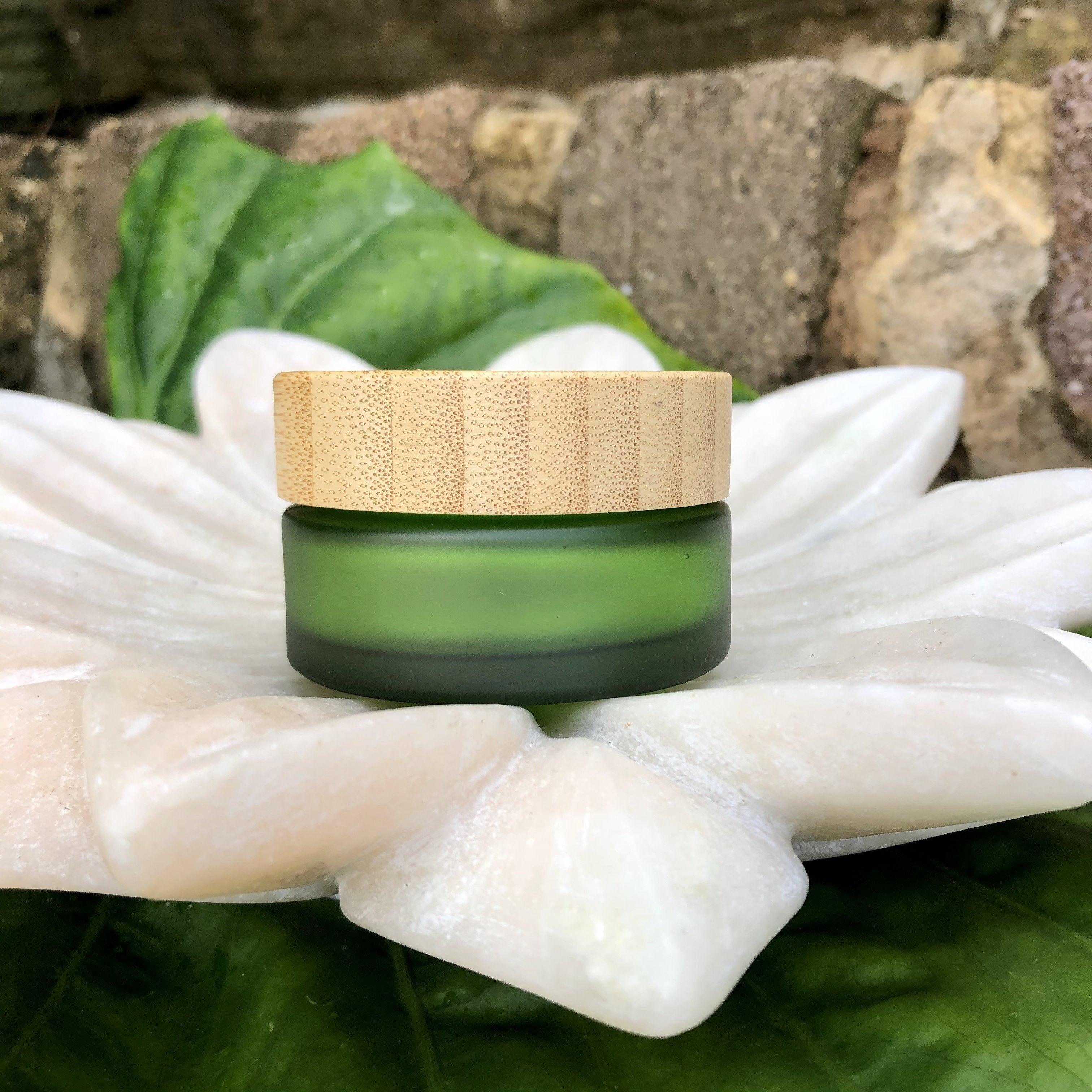 Frosted Green Glass Cosmetic Jar & Dropper - Bamboo Lids - Set of 2Sustainable Bathroom - Us and the Earth