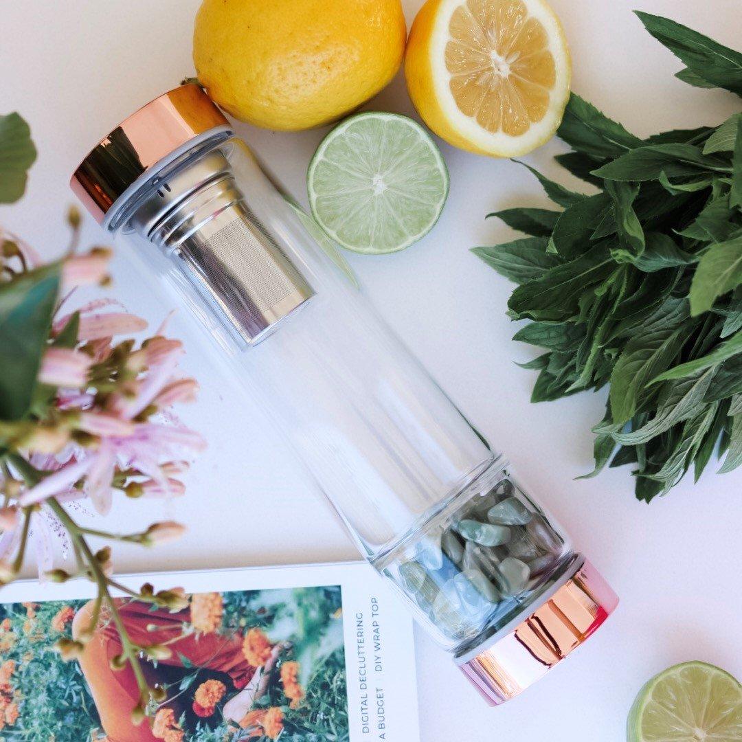 WS - Rose Gold Crystal Bottle with Gemstone Base and Tea Infuser - Us and the Earth