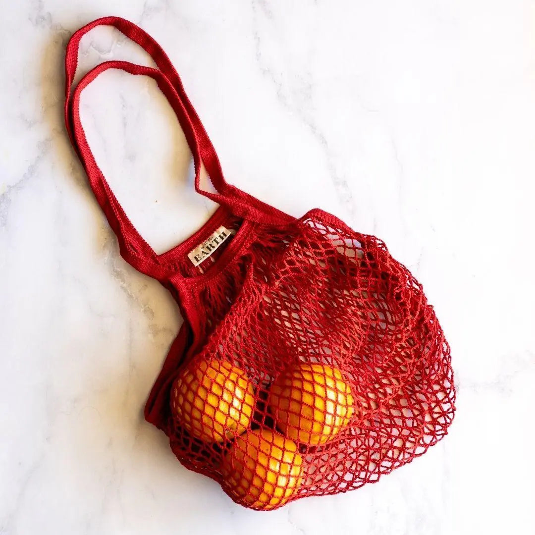 Reusable cotton mesh grocery and vegetable bag color red | us and the earth