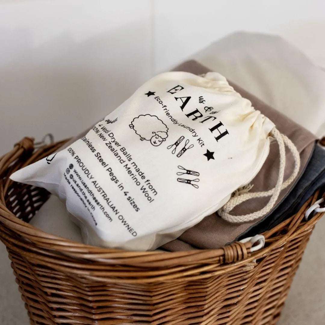 the eco laundry bundle in the pouch are on the basket ready to ship | us and the earth