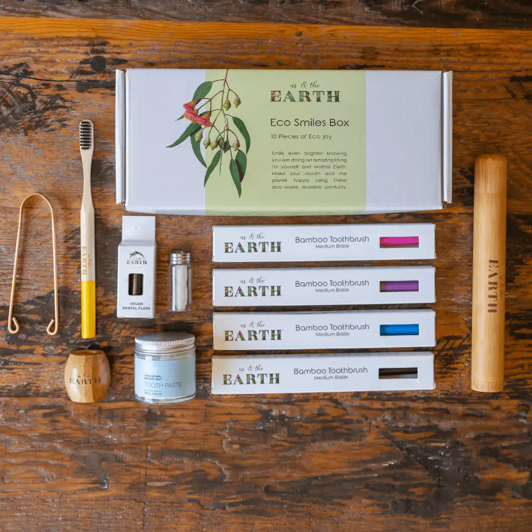 Eco friendly Oral and hygiene Kit - the kit includes Natural Bamboo toothbrush for adult, a bamboo toothbrush stand, a bamboo toothbrush case for travelling, Eco friendly dental floss, a copper tongue scraper and a 100% Organic Bamboo Powder toothpaste
