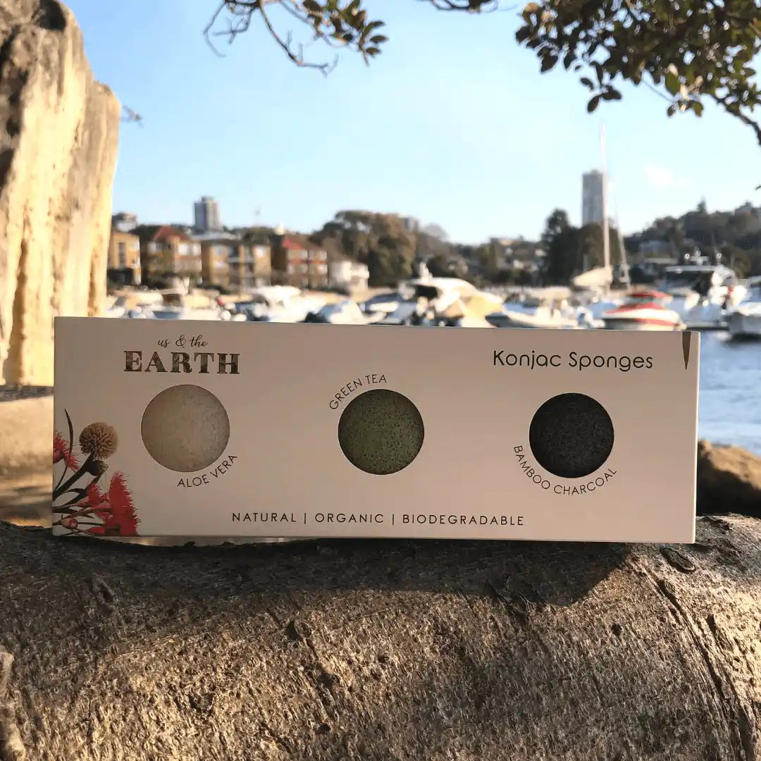 konjac sponge tri in a box package. Sustainable bathroom | us and the earth