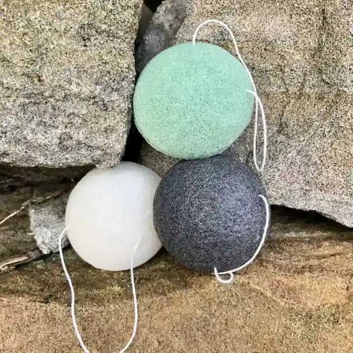 konjac sponges trio on the rock. a product by us and the earth for sustainable bathroom.