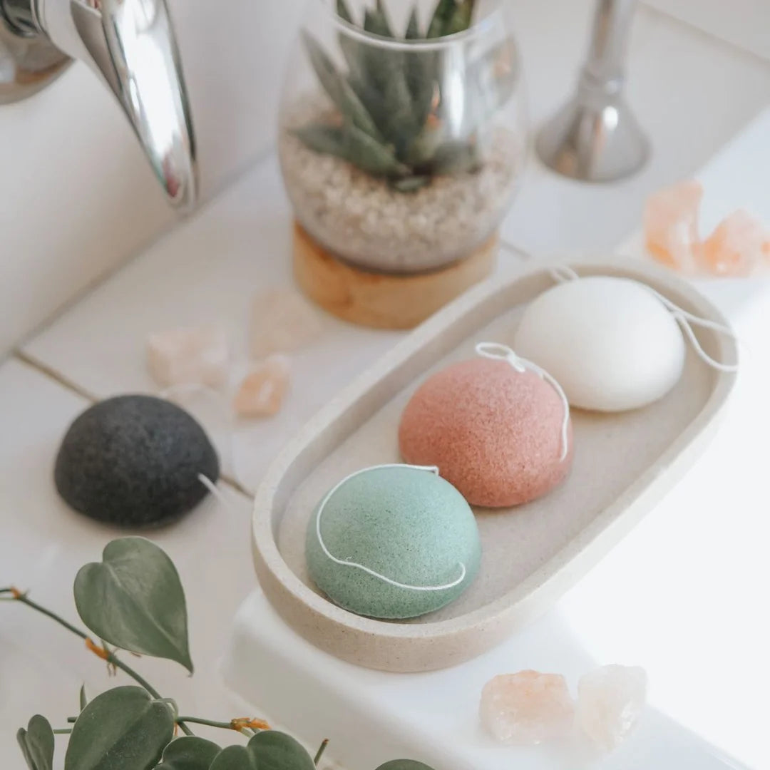 trio natural konjac sponge in a bathroom | us and the earth