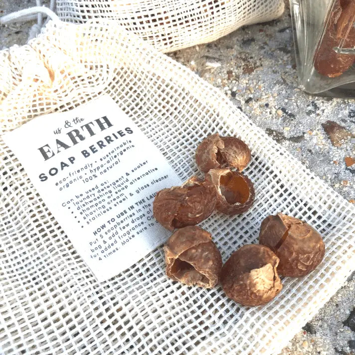 natural soap nuts over a branded us and the earth mesh bag