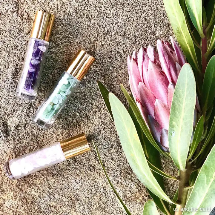 The best-selling trio of 10ml Essential Oil Crystal Gemstone Roller Bottles from - Us and The Earth.