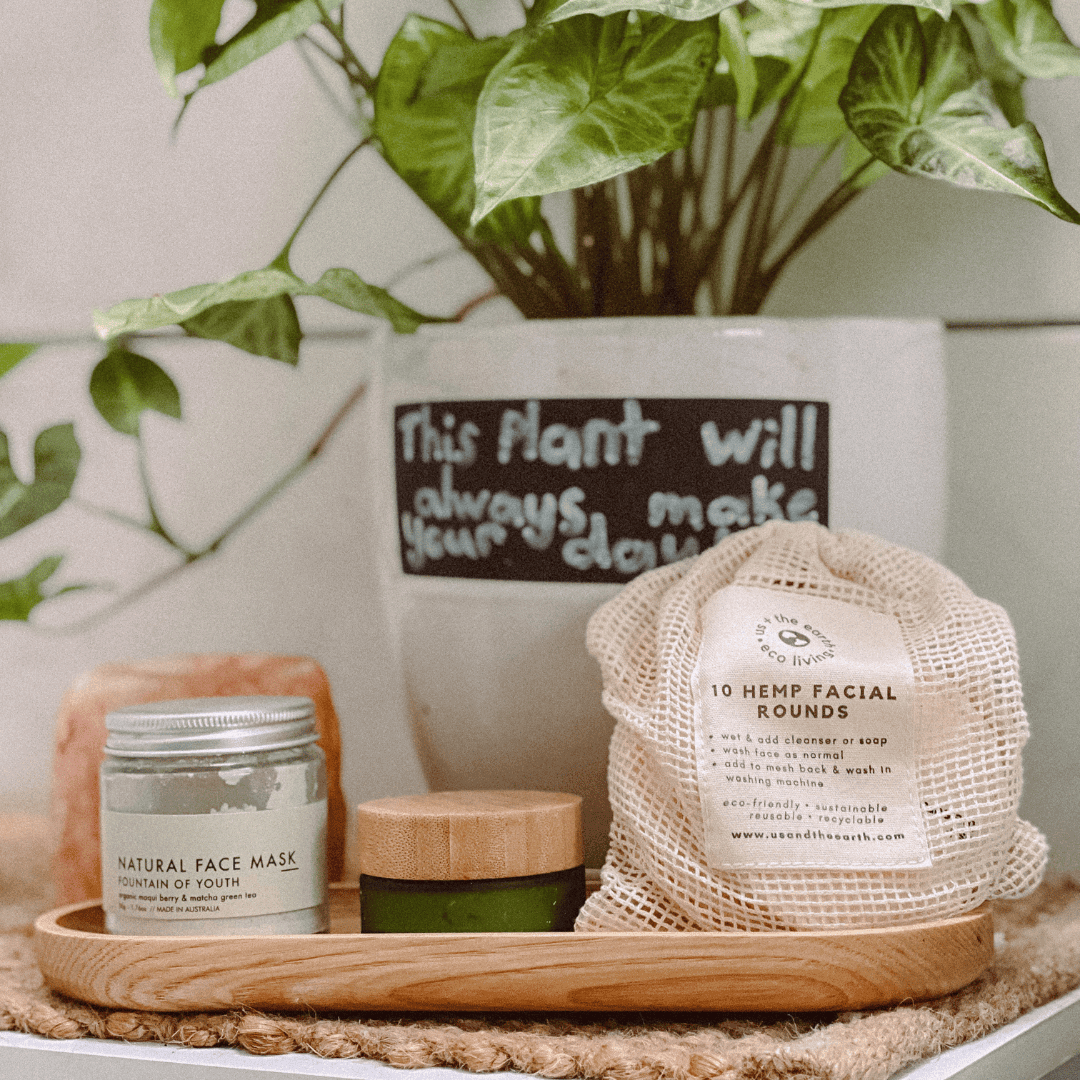 Hemp facial rounds in a branded mesh bag with our frosted green jar and Love Beauty food Natural Face Mask
