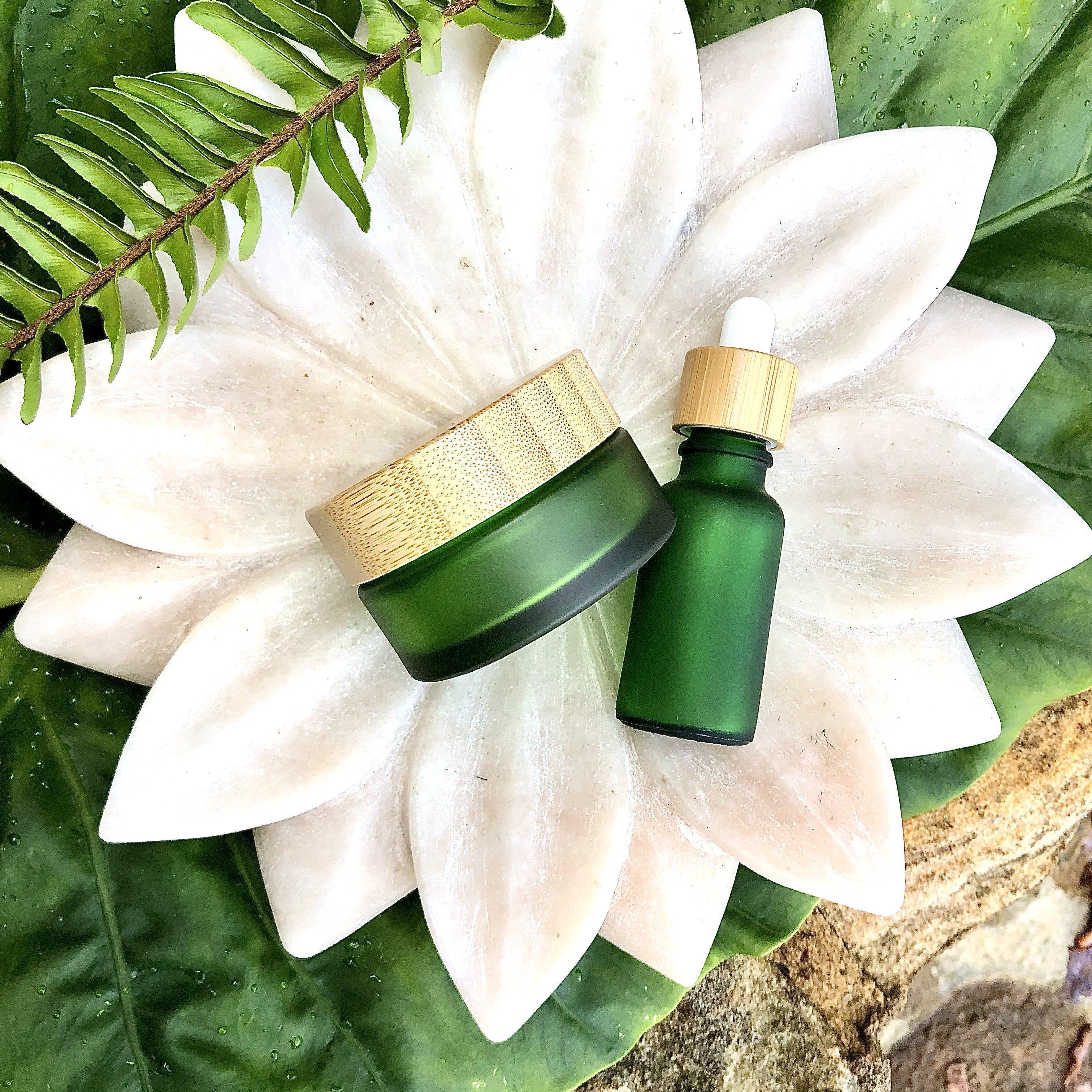 Frosted Green Glass Cosmetic Jar Dropper Bamboo Lids Set of 2